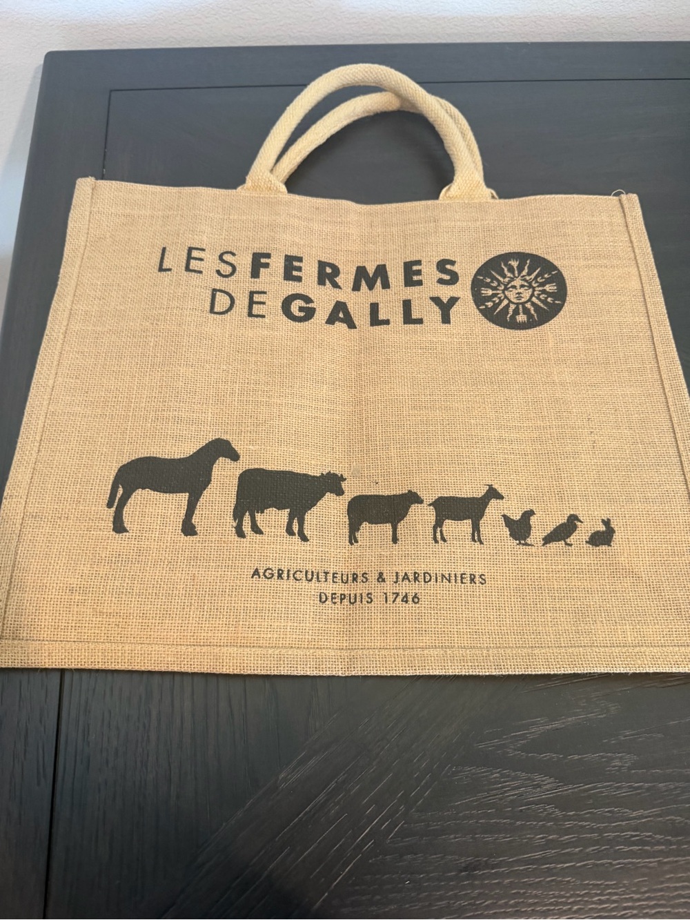 New-Les Fermes De Gally Jute Tote Bag - Natural with Black Print From France